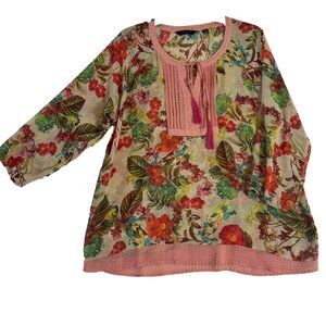 Investments XL Womens Sheer Floral Blouse Cottage Core Casual Feminine MultiColr